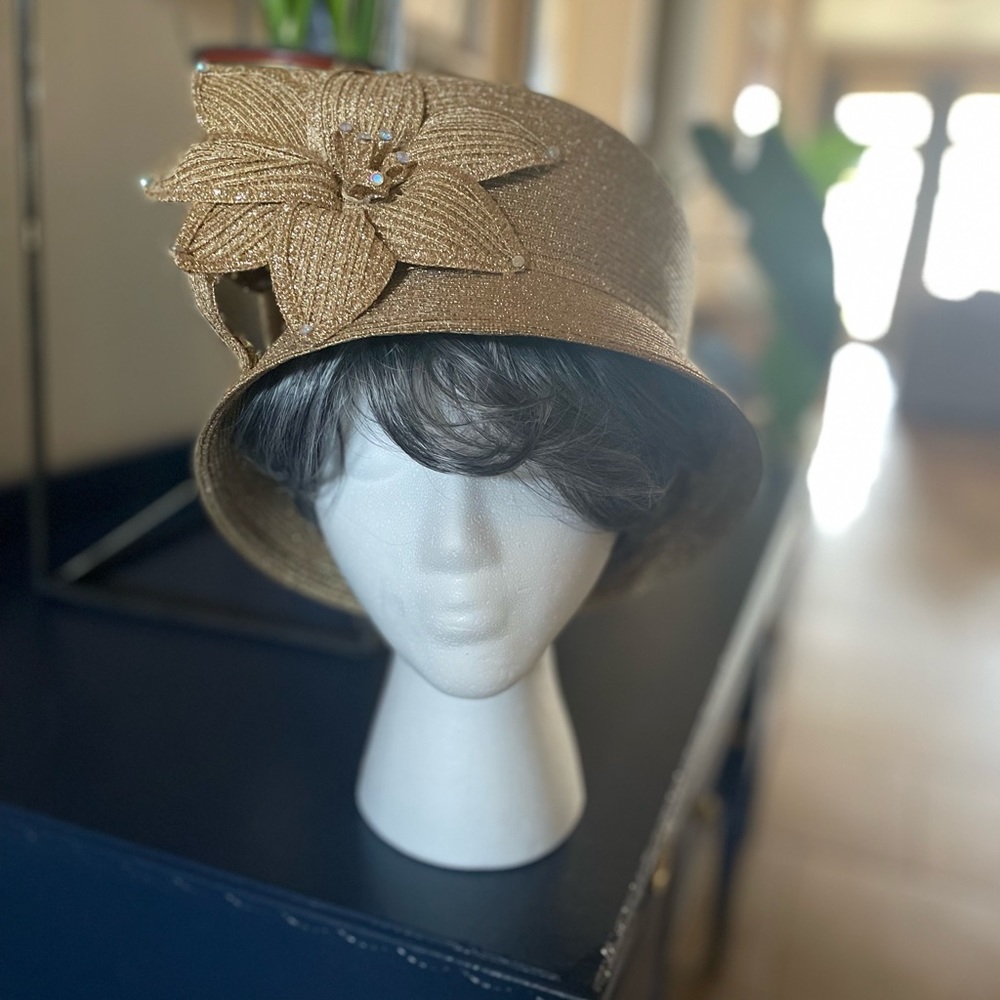Gold ladies hat church derby
